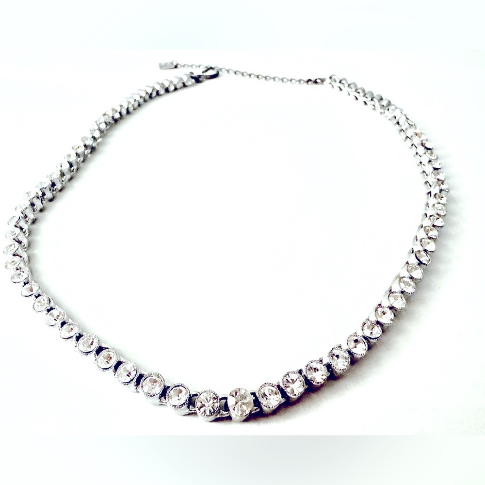 Nine West Rhinestone 3mm Choker Collar Necklace 14” Silver Tone Round Gems Hook